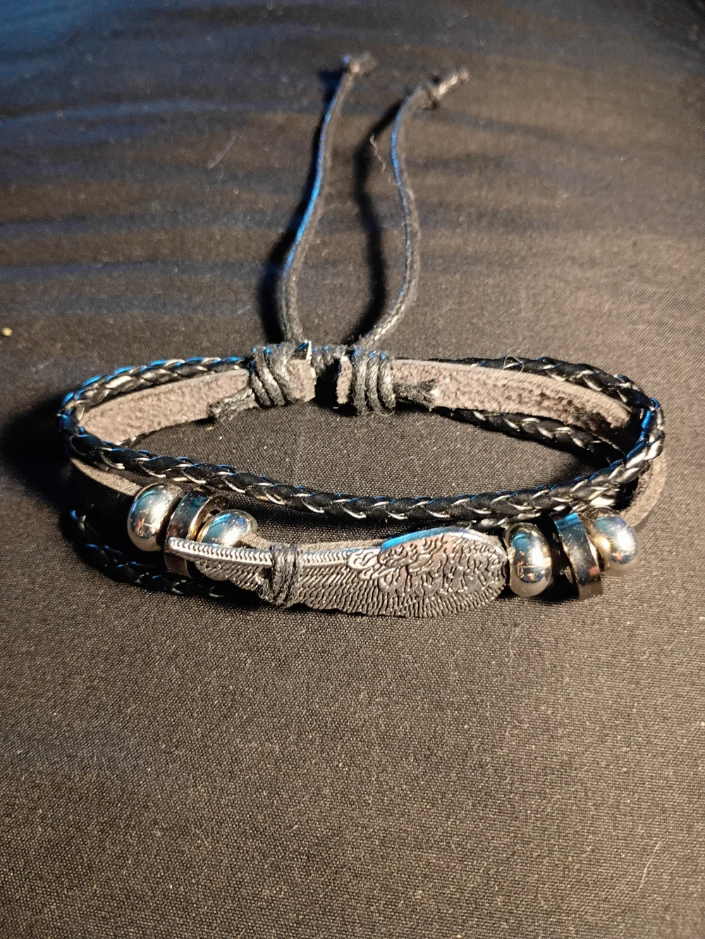Black Leather Multi-Strand Men's Bracelet with Feather Accent